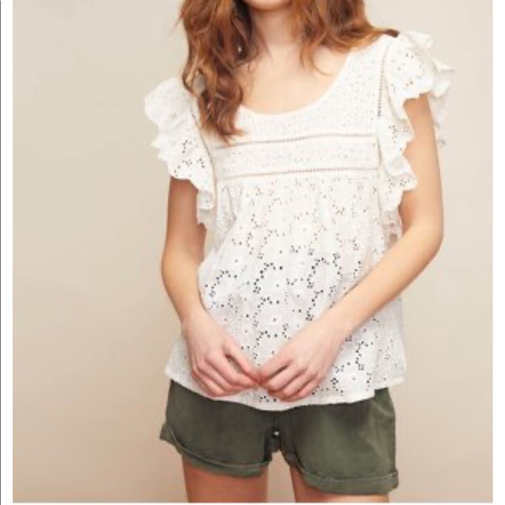 Louizon white eyelet flutter cap sleeve top lace ruffle